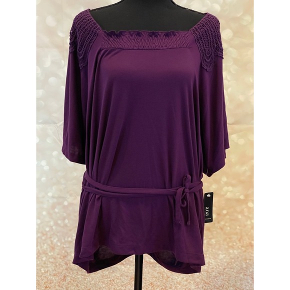 New Ana‎ 1X Plum Short Sleeve Blouse with Tie Around and Lace Accents - Picture 1 of 8